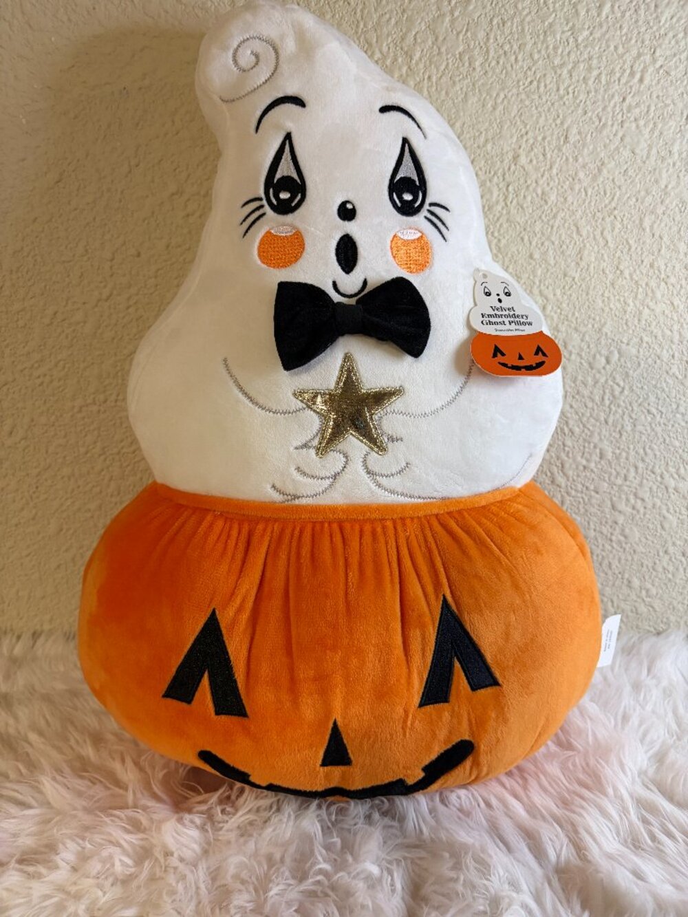 Halloween Ghost Pumpkin Velvet Embroidered Decorative Pillow 20x13 NWT